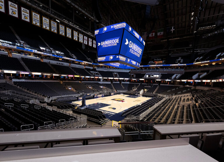 View of the basketball court from premium seating at Gainbridge Fieldhouse in Indianapolis, Indiana.
